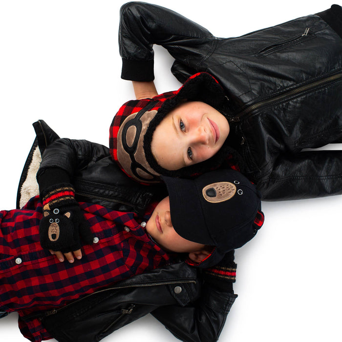 Black Bear/Aviator Reversible Kids Sherpa Hat